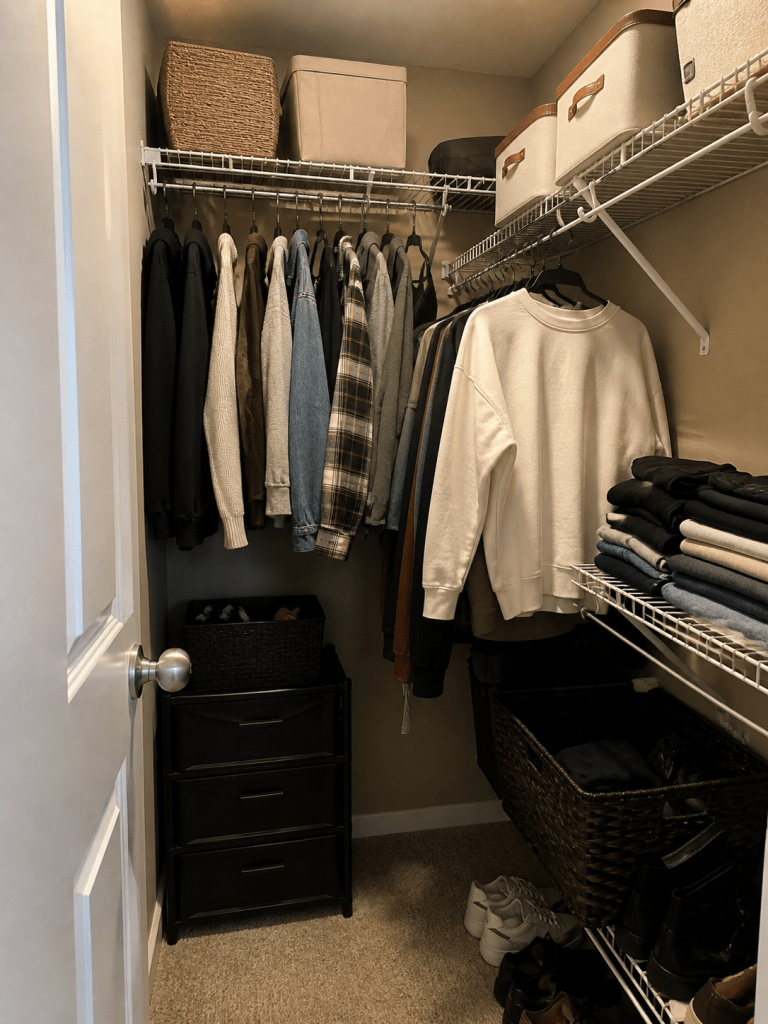 small closet organized into upper middle and lower zones for maximum space