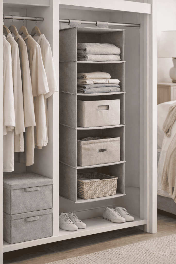 Organized closet featuring hanging clothes, a fabric shelving unit with neatly folded towels, storage bins, a woven basket, and white sneakers on the floor.