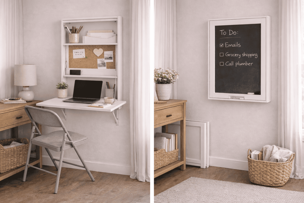 A minimalist home office setup featuring a white foldable desk with a laptop, a potted plant, and a lamp, alongside a wooden console table with woven baskets, and a to-do chalkboard list hanging on the wall.