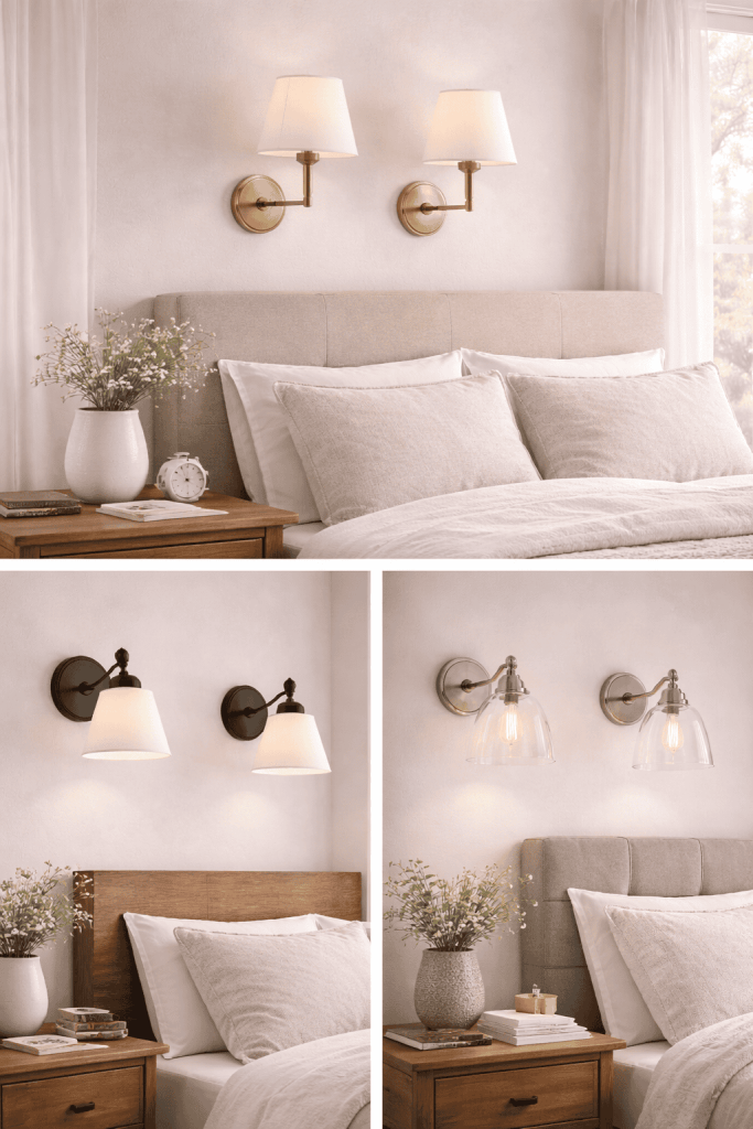A cozy bedroom featuring a beige upholstered headboard, adorned with linen bedding and decorative pillows. The room is illuminated by two styles of wall sconces, one in brass with fabric shades and another in black with a glass shade. A wooden nightstand sits beside the bed, topped with a potted plant and a clock.