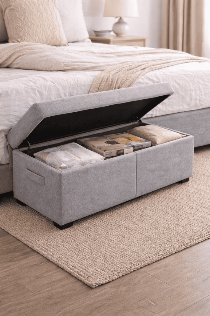 A gray upholstered storage ottoman with its lid open, revealing neatly organized blankets and a box on the inside, positioned near a bed with beige bedding and a bedside lamp.
