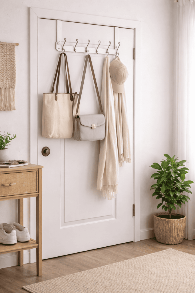 A cozy entryway featuring a white door with hooks holding bags, a hat, and a scarf. A small wooden console table sits beside the door with shoes on the floor, and a potted plant in a woven basket adds a touch of greenery.