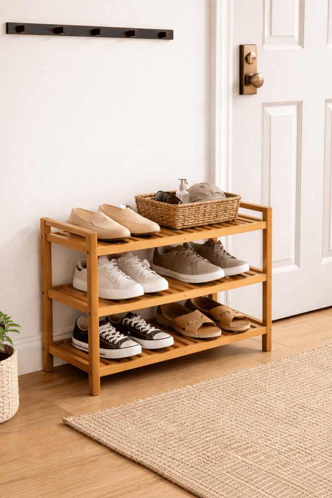 A wooden shoe rack with three shelves displaying various shoes, including sneakers and slip-ons, next to a door. A woven basket containing smaller items is placed on the top shelf, and a jute rug is on the floor.