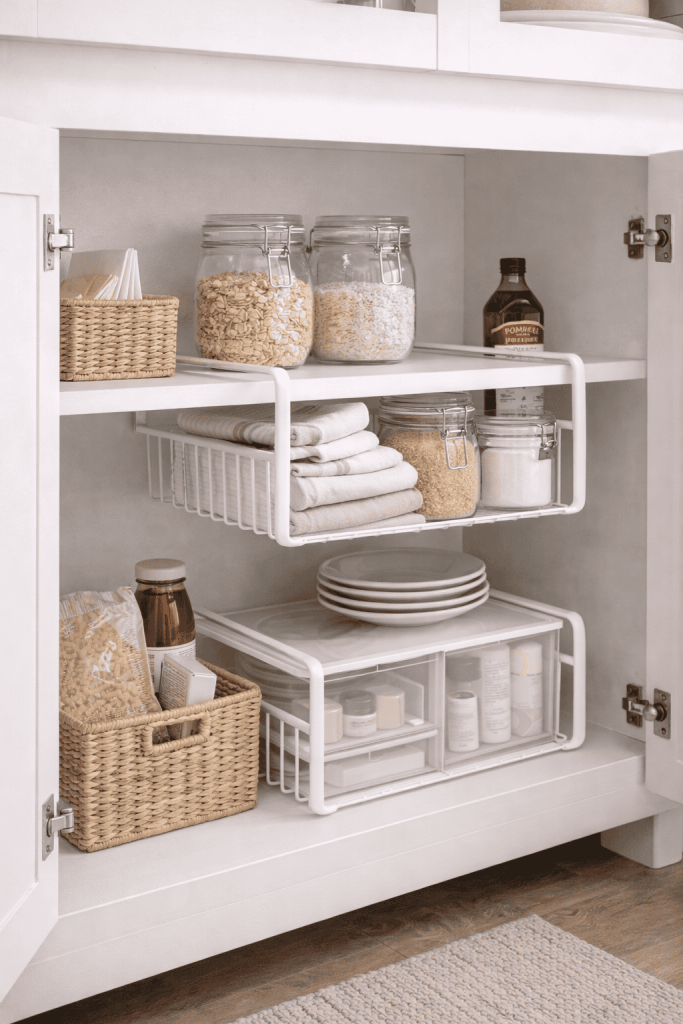 Organized kitchen cabinet with jars of oats and grains, folded towels, a basket of ingredients, and various storage containers.