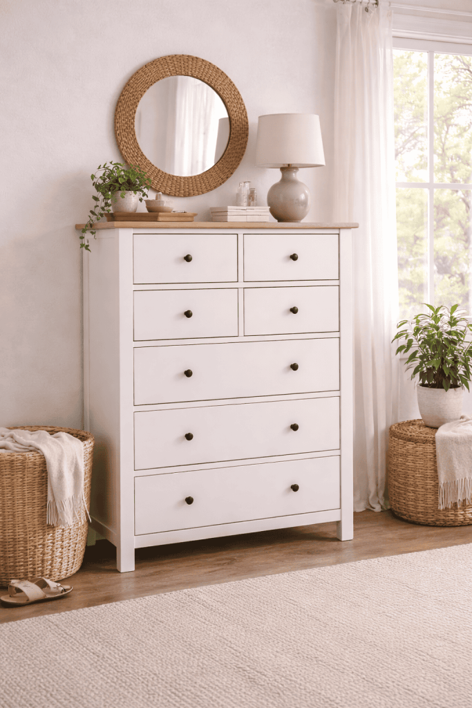 A stylish white dresser with six drawers, topped with a wooden surface, beside a round woven mirror and a lamp. A small plant and books are placed on the dresser, with two woven baskets on the floor and natural light streaming in through the window.