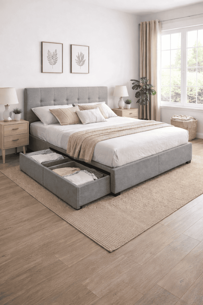 Modern bedroom featuring a gray upholstered bed with storage drawers, styled with neutral bedding, decorative pillows, and throw blankets. The room includes wooden nightstands with lamps, framed botanical art on the wall, and a large window with natural light.