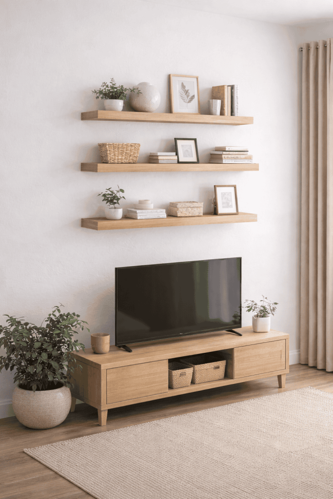 A stylish living room featuring a flat-screen TV on a wooden media console, with decorative shelves above displaying potted plants and framed pictures. Natural light filters through beige curtains, and a soft rug covers the wooden floor.