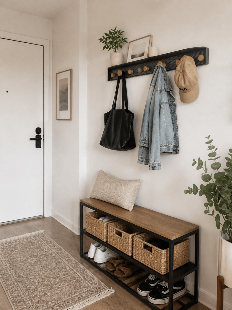 Small apartment entryway with organized drop zone for keys, bags, and daily items