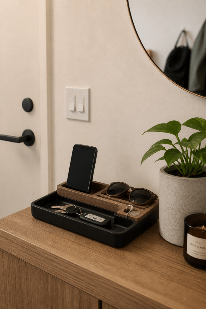 Minimalist catchall tray organizing keys and everyday items in a small apartment