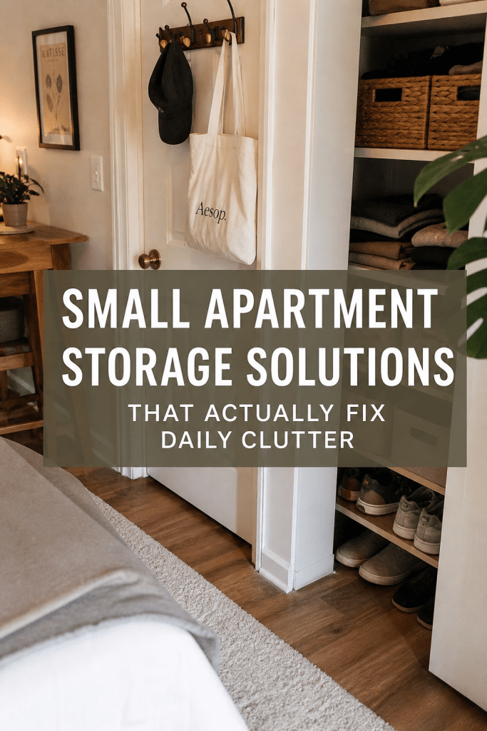 Small apartment living room with clutter-free storage solutions and organized surfaces
