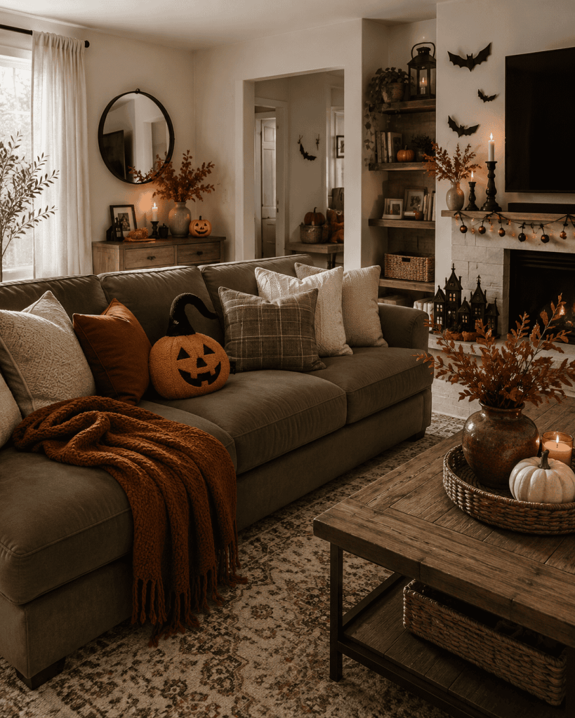 Cream apartment sofa styled with a warm throw and two subtle fall accent pillows