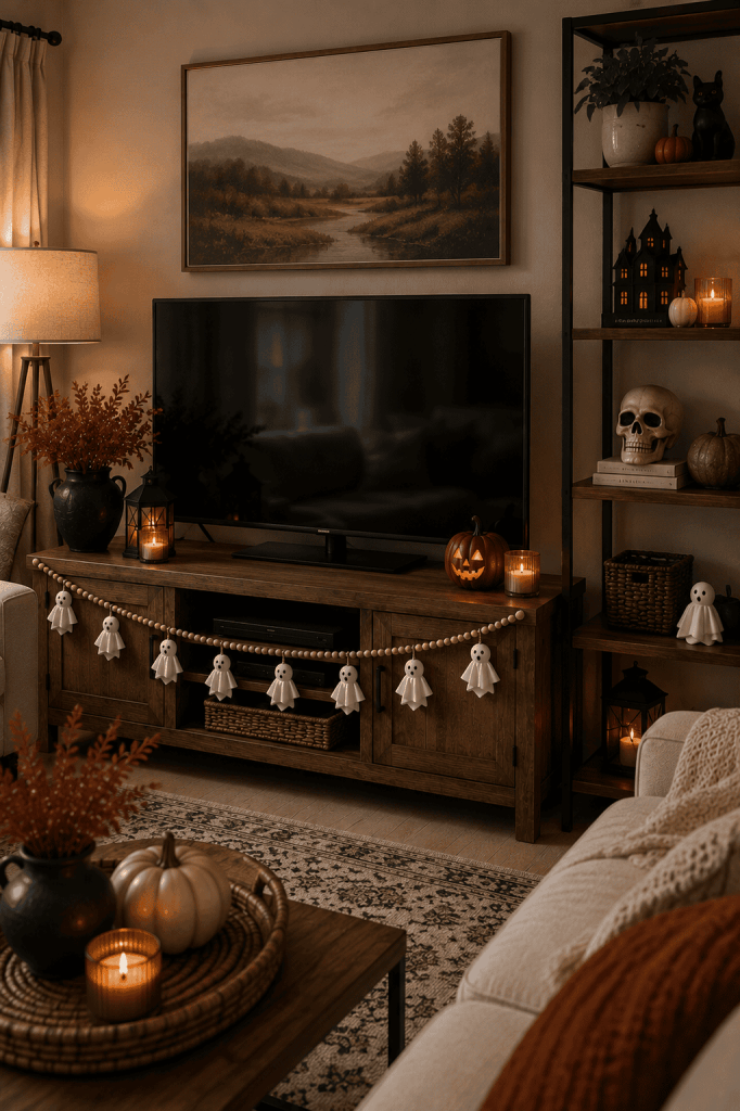 Small apartment television wall with subtle fall artwork and minimal seasonal decor