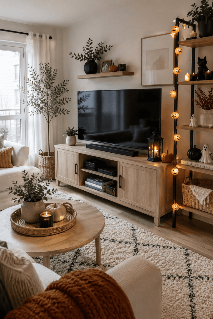 Cozy apartment living room with warm flameless candles and subtle Halloween lighting