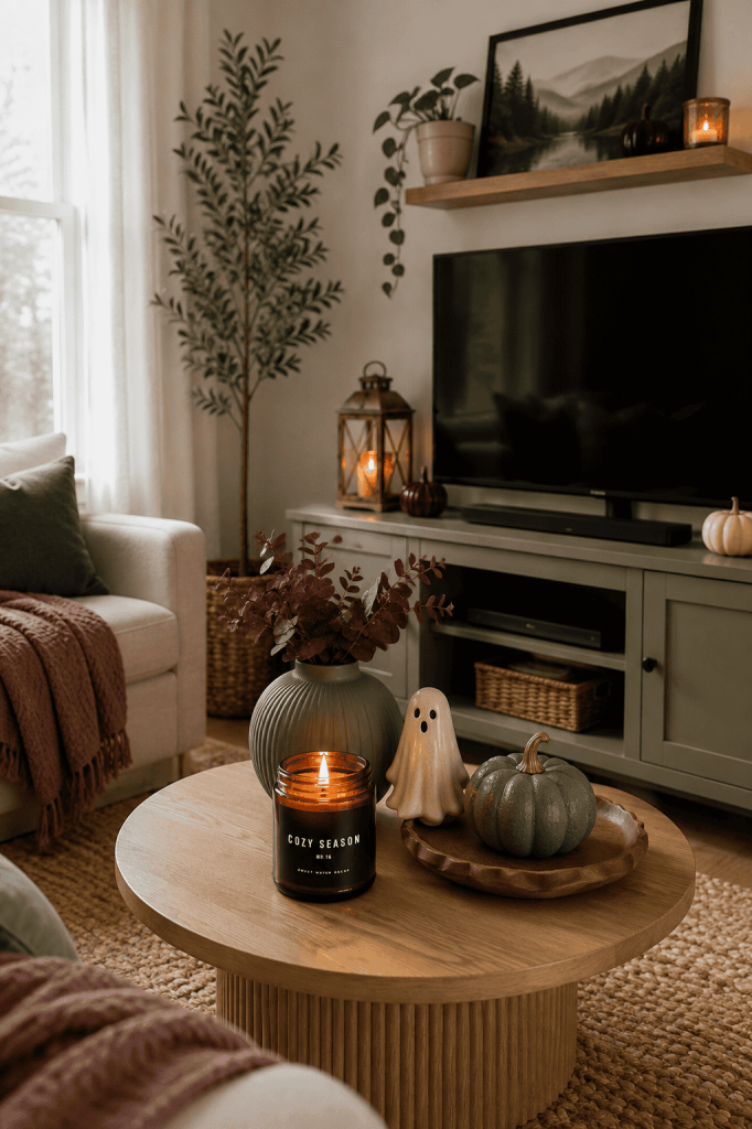Small apartment coffee table with one fall candle and plenty of open usable surface space
