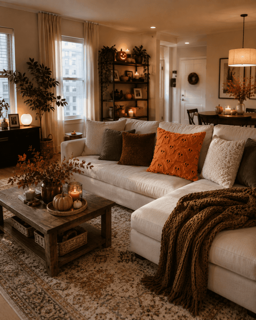 Small apartment living room with one subtle Halloween accent establishing the fall decorating theme