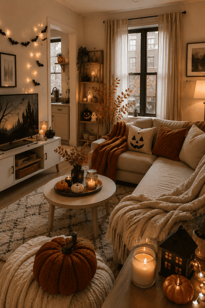 Cozy small apartment fall living room with warm neutral decor, soft lighting, and subtle Halloween accents