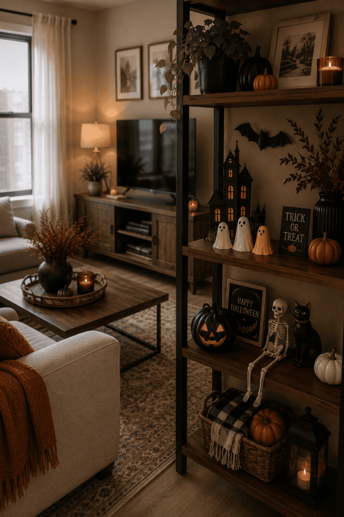 Small living room shelf with a contained grouping of cute neutral Halloween ghost decor