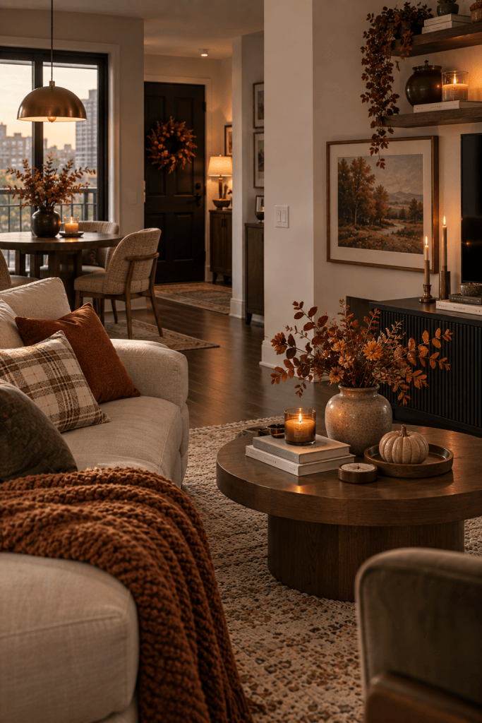 Cozy small apartment decorated with space-saving fall decor, warm colors, natural textures, and subtle seasonal accents