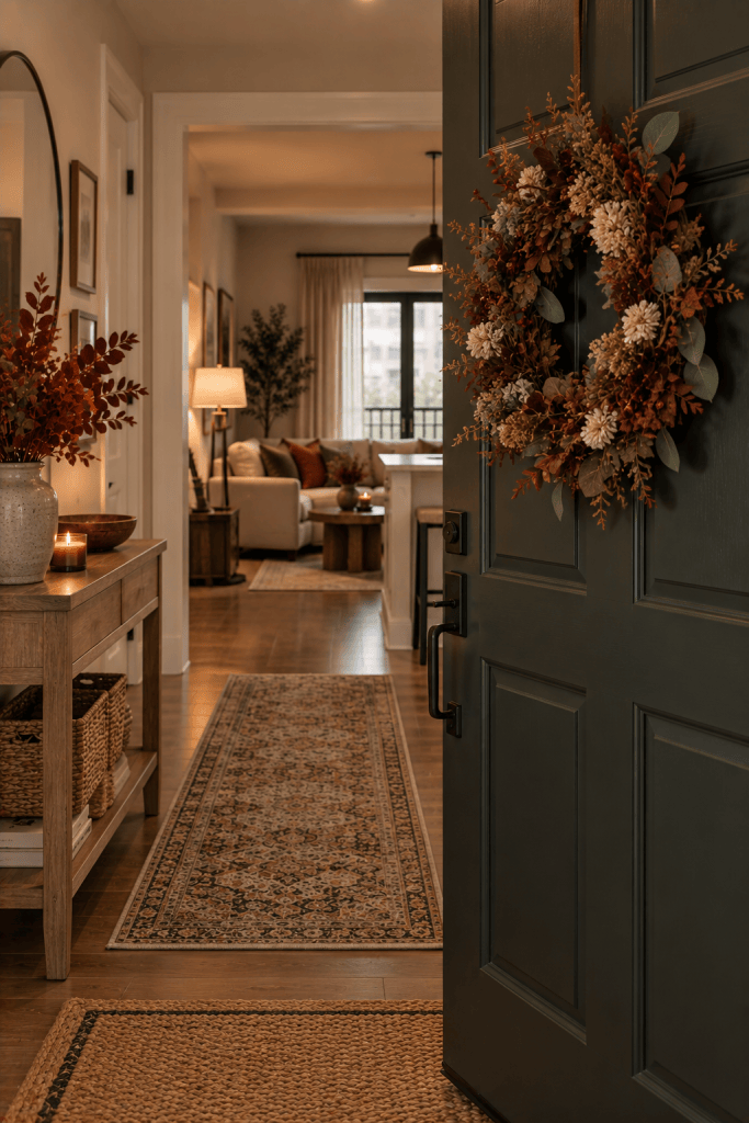 Eucalyptus and berry fall wreath decorating a small apartment front door