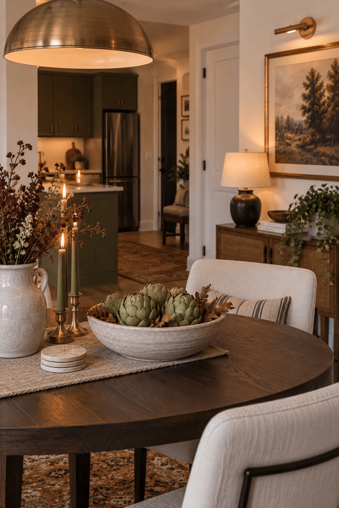 Muted green faux artichokes displayed in a ceramic bowl as subtle fall apartment decor