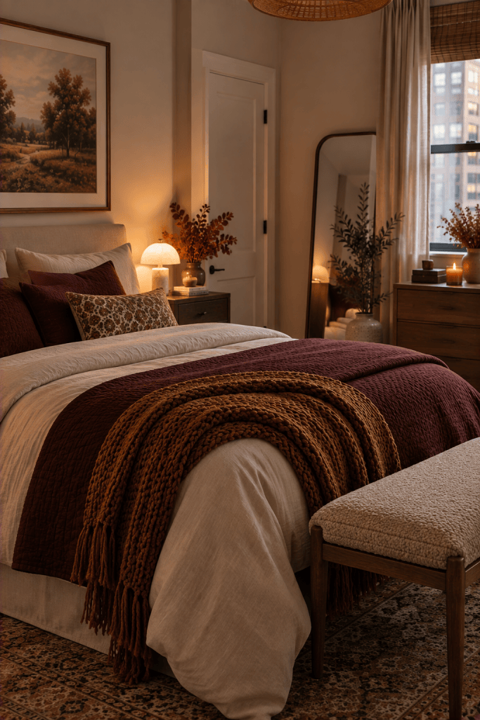 Small apartment bedroom with warm fall bedding, vintage artwork, and uncluttered nightstands