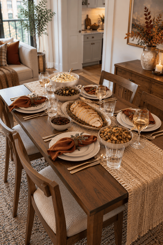 Burgundy linen napkins paired with cream dinnerware on a small Thanksgiving table
