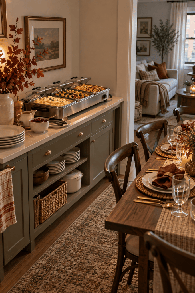 A realistic small apartment serving area with a divided electric buffet server holding mashed potatoes, vegetables, and stuffing while keeping the dining table available for guests.