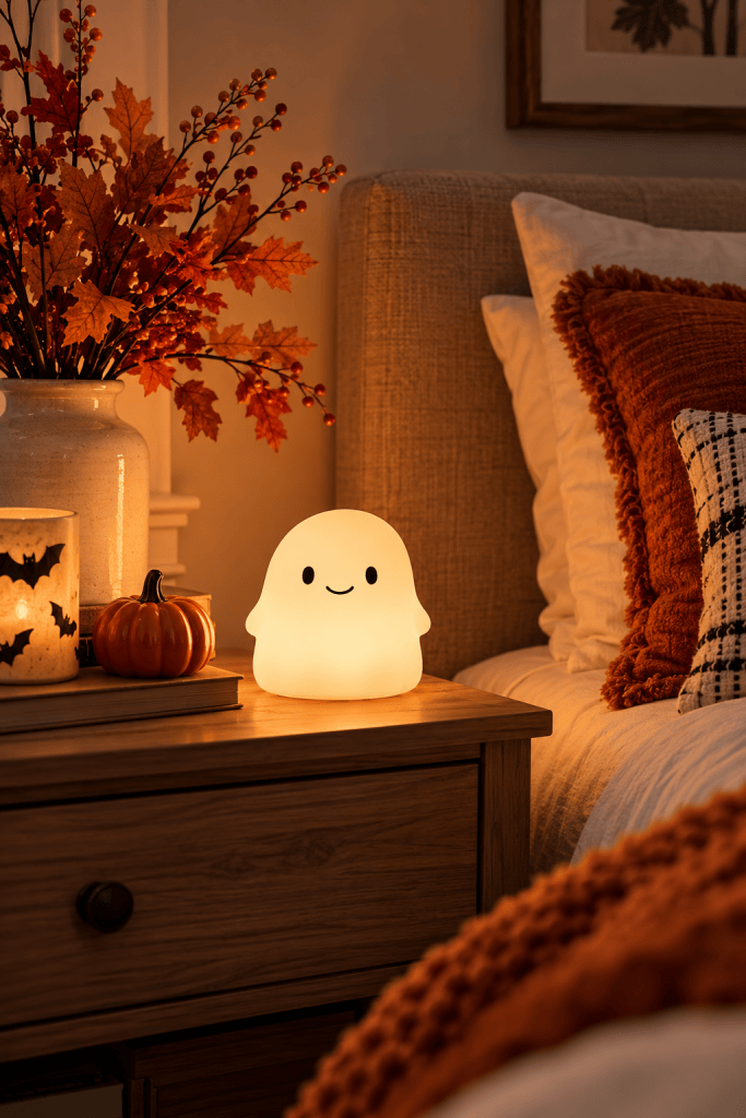 Cute glowing white ghost night light on a small apartment bedside table