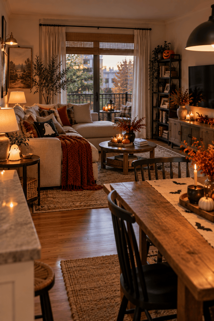 Small apartment with compact Halloween decorations that can be folded or stored easily
