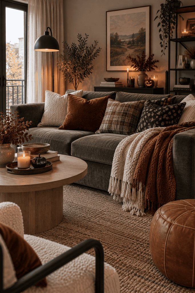 Small sofa layered with velvet and woven fall pillows in warm neutral colors