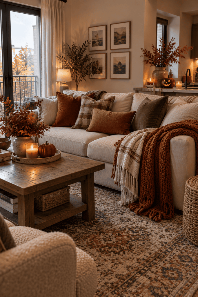 Compact apartment sofa styled with two large fall pillows and one smaller accent pillow while keeping seating open