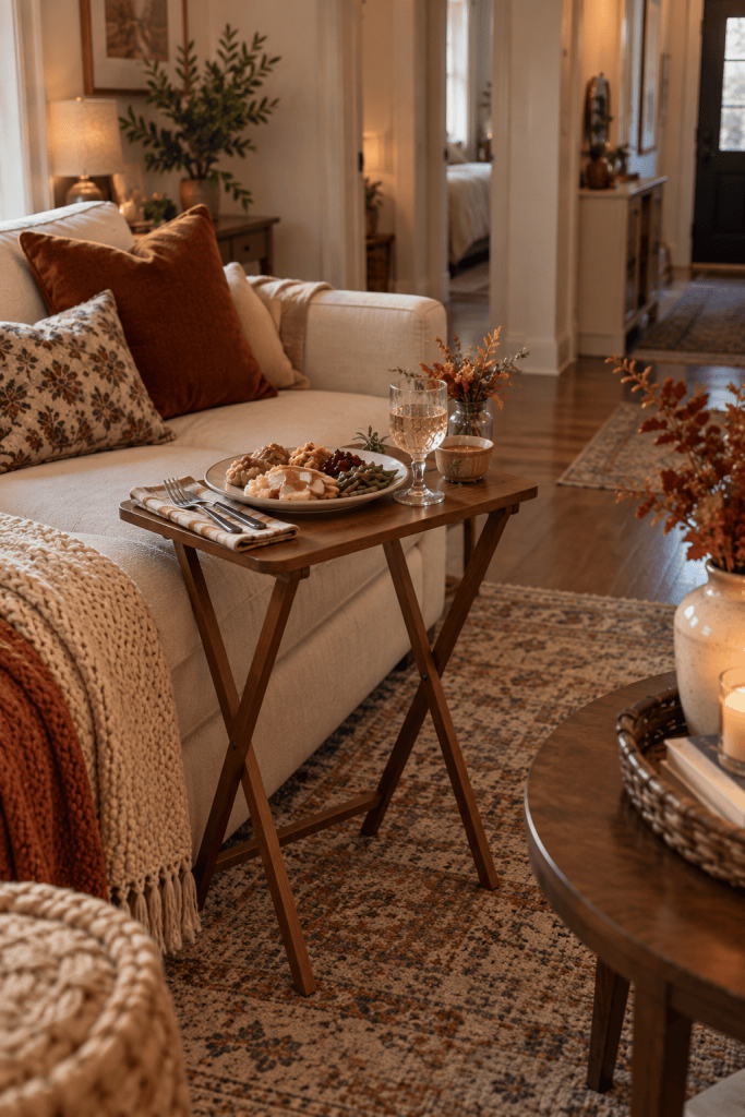 Folding TV tray table beside a sofa providing a stable eating surface for Thanksgiving dinner