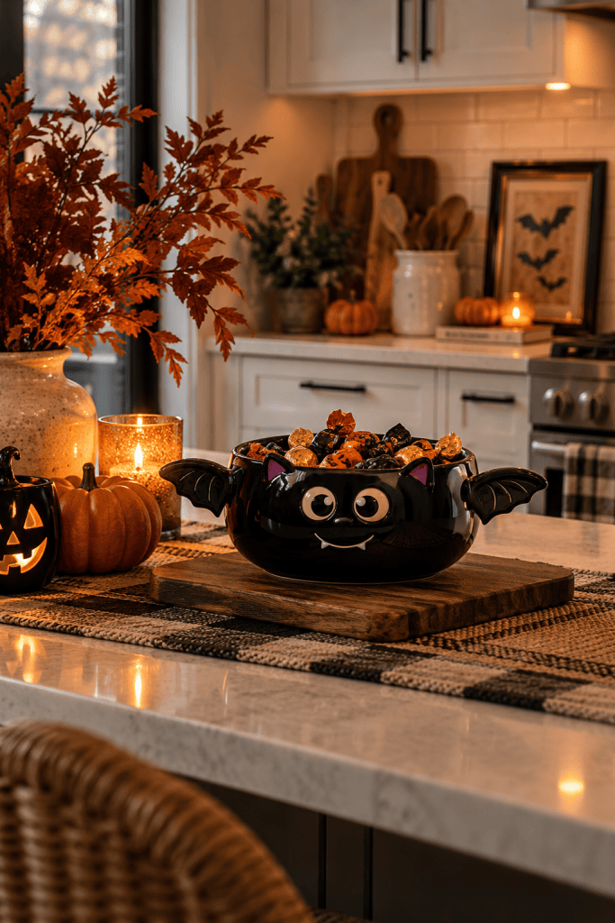 Ceramic Halloween candy bowl holding wrapped treats on a small apartment dining table