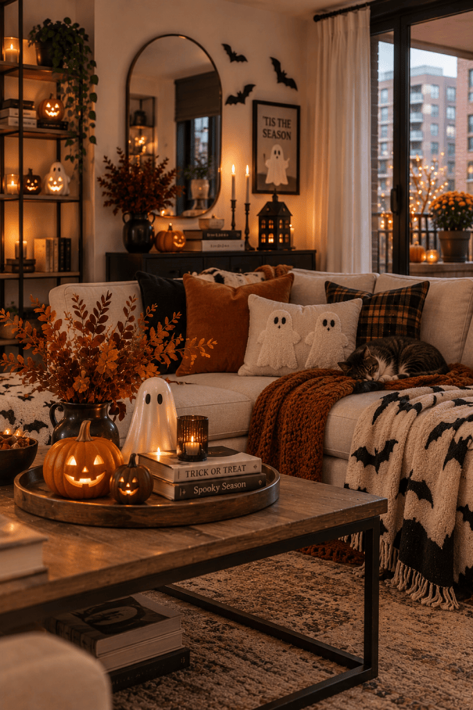Cozy small apartment living room decorated for Halloween with subtle ghost accents, pumpkins, and warm lighting