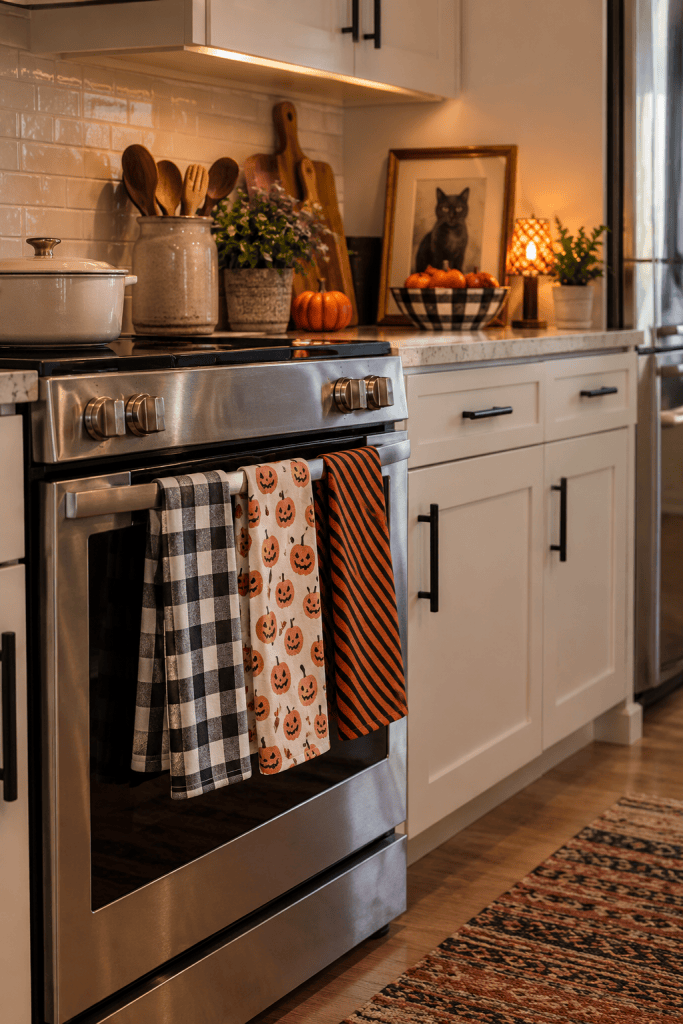 Neutral apartment kitchen with Halloween dish towels hanging from an existing towel bar