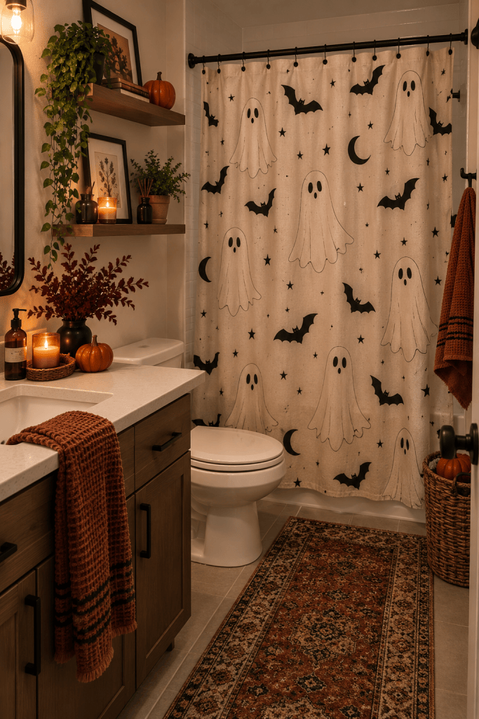 Small apartment bathroom with a Halloween ghost shower curtain and uncluttered vanity