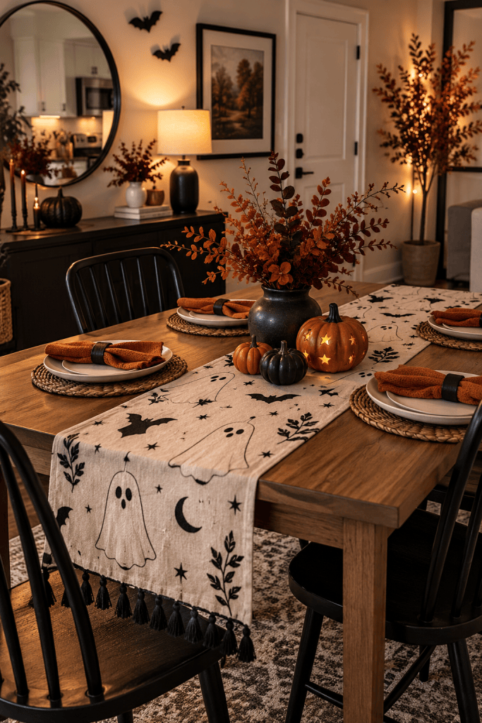 Small apartment dining table with a Halloween table runner and open space for everyday meals