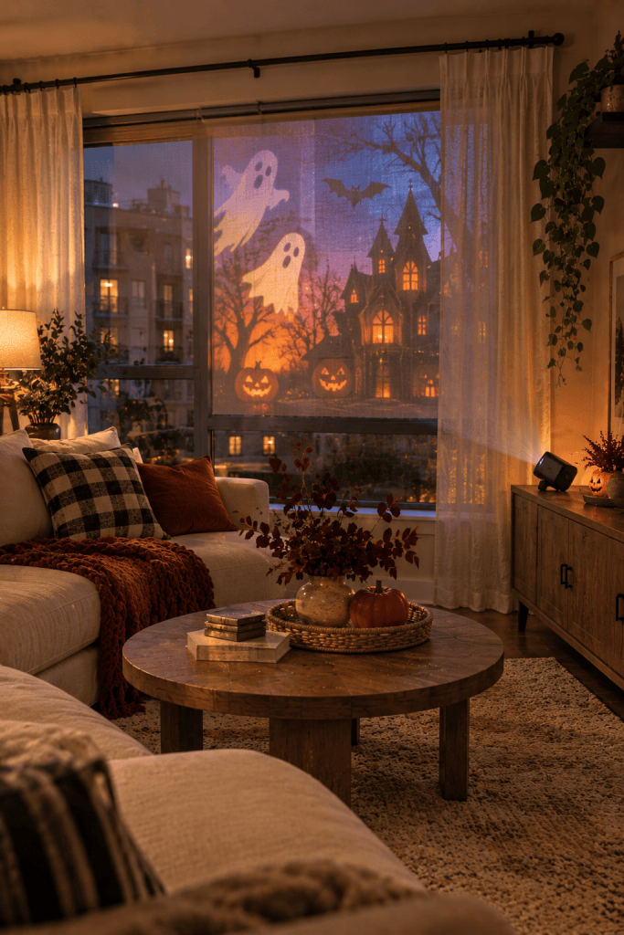 Small apartment window displaying projected Halloween ghost and pumpkin silhouettes at night