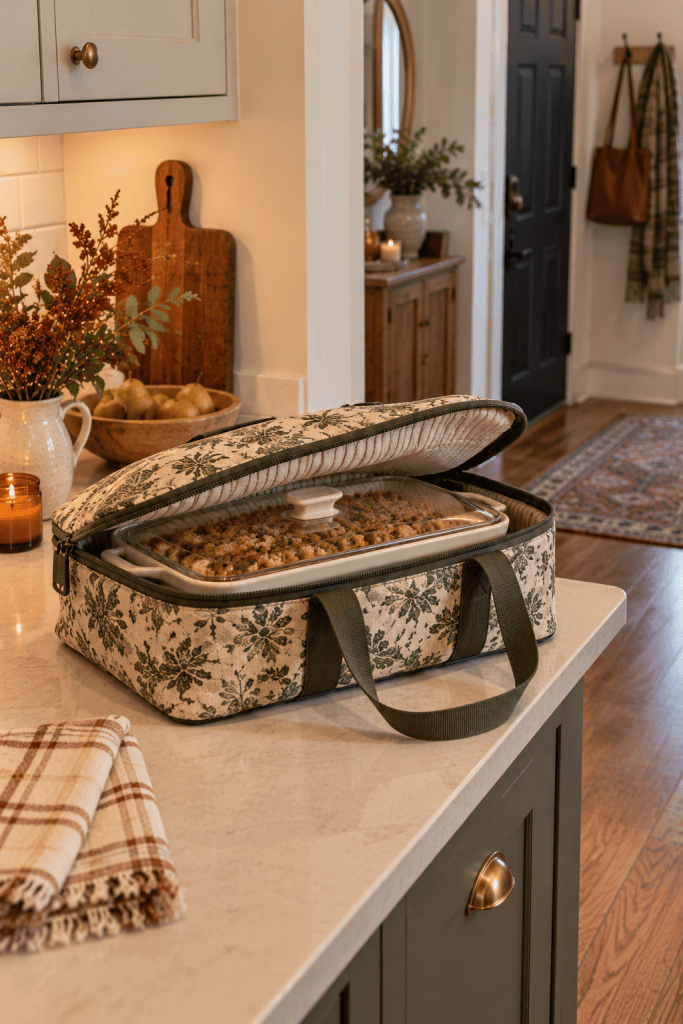 Insulated casserole carrier holding a covered Thanksgiving baking dish on an apartment kitchen counter