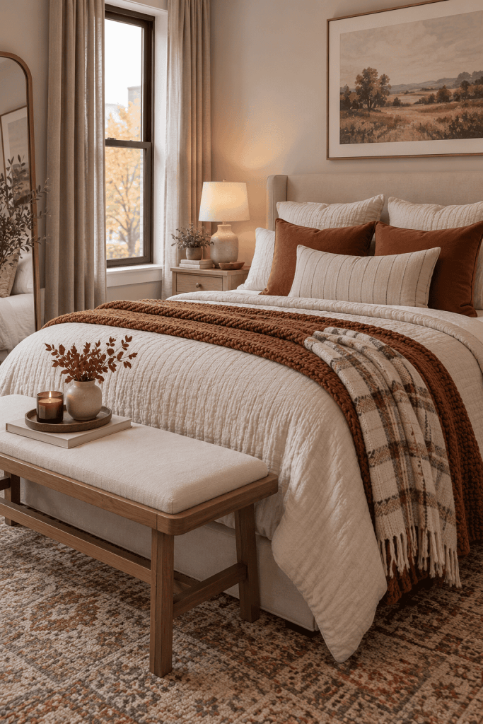 Cozy small apartment living room with layered fall pillows and one throw blanket on a compact sofa