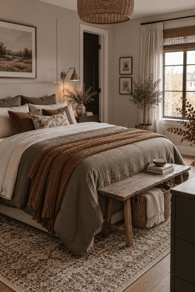 Small apartment bed layered for fall with folded bedding and one textured throw at the foot