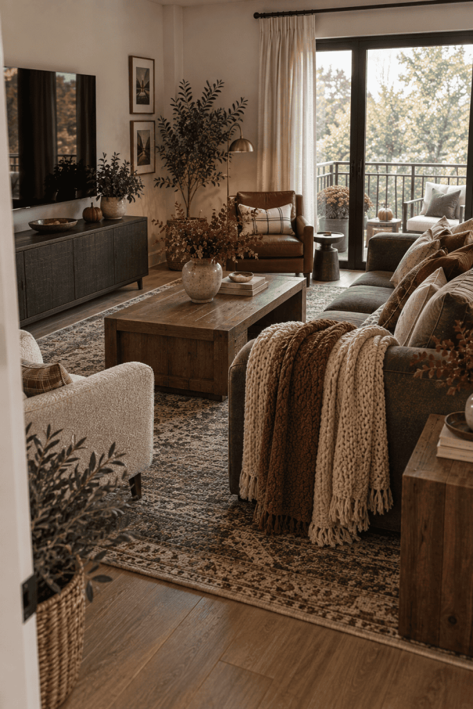 Small living room with a cozy layered fall sofa and a simple nearby armchair
