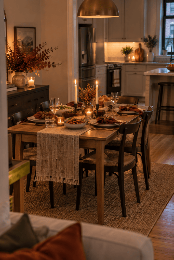 Small Thanksgiving dining table with compact candle holders and clear sightlines between guests