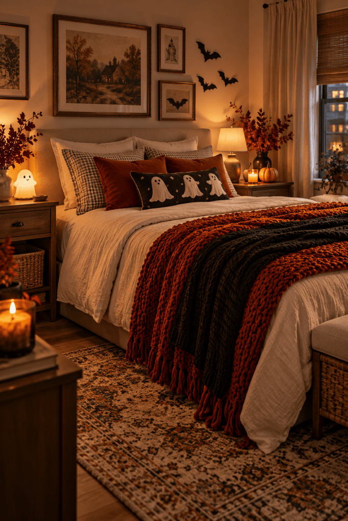 Small apartment bedroom with subtle Halloween accents, warm bedding, and uncluttered nightstands