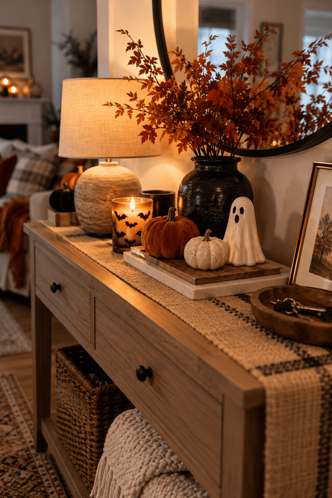 Halloween pumpkin decoration resting on a protective tray above a wooden apartment side table