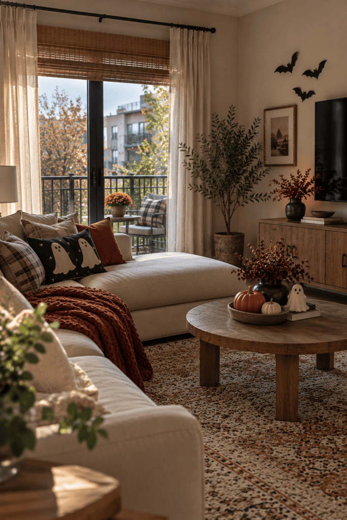 Cozy rental apartment living room with freestanding Halloween decorations, glowing pumpkins, and warm seasonal lighting