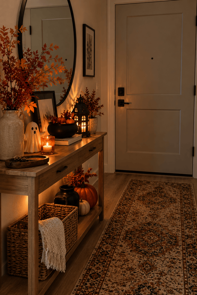 Small rental apartment entryway with a glowing Halloween pumpkin on a narrow console and an undecorated door