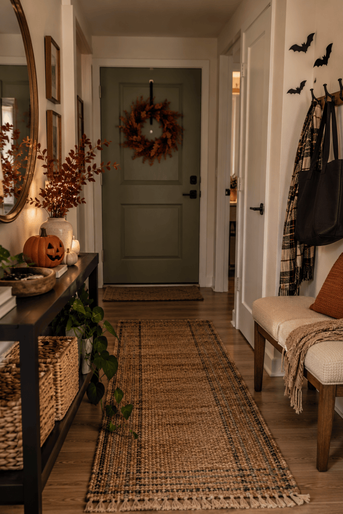 Rental apartment with Halloween decorations placed on furniture instead of attached to painted walls