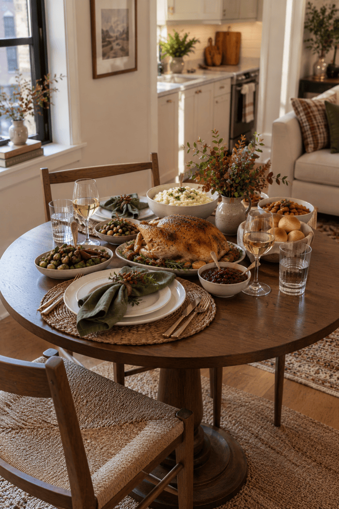 Small round Thanksgiving dining table with balanced place settings and a compact centerpiece
