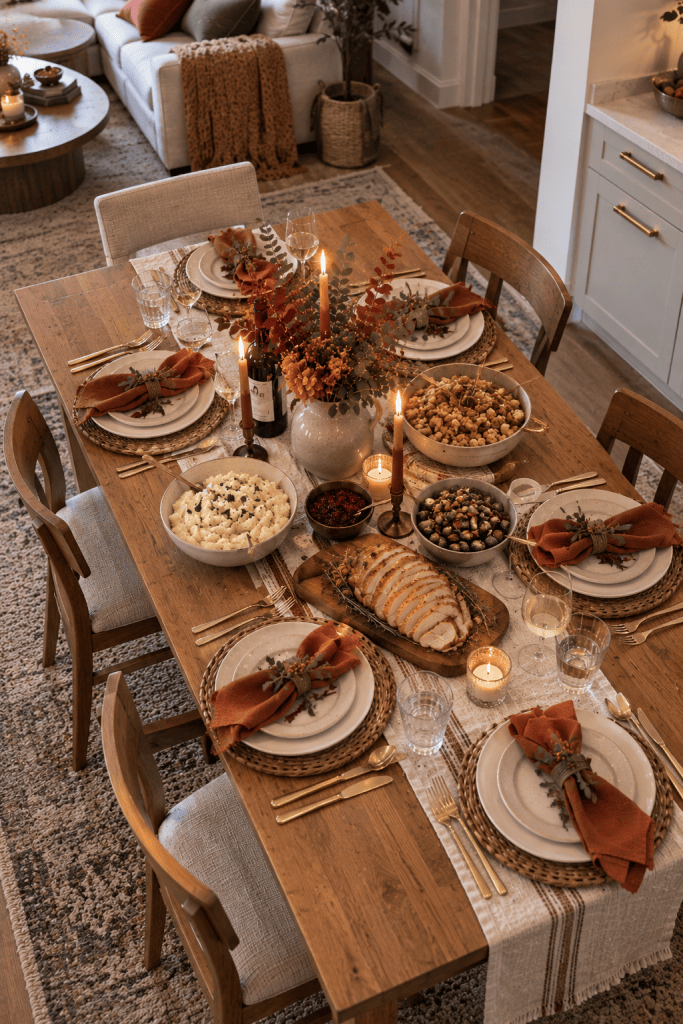 Small Thanksgiving dining table with cream plates, burgundy napkins, a narrow runner, and room for serving dishes